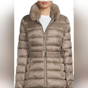 MICHAEL KORS Faux-Fur-Collar Puffer Coat Warm Jacket Golden Gray/Beige Size XS